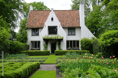 A white, two-story Dutch house surrounded by lush green hedges and wildflowers in the front yard. The roof is made of red tiles with black window frames. There's an elegant garden design featuring sma