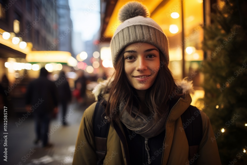 Portrait of a beautiful young woman in a warm hat and coat walking in the city. Portrait of a beautiful young woman in a warm hat and coat walking in the city.