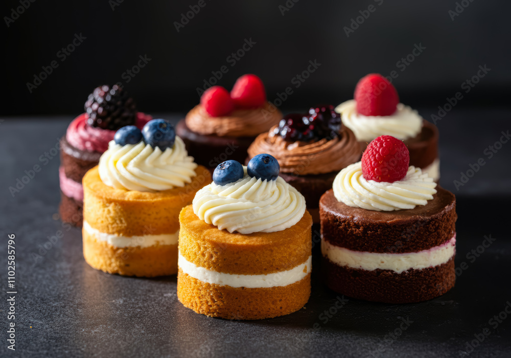 Mini Cakes with Fresh Berries: A delightful assortment of miniature cakes adorned with fresh berries, promising a sweet treat for any occasion. The cakes are meticulously crafted. Mini Cakes with Fresh Berries: A delightful assortment of miniature cakes adorned with fresh berries, promising a sweet treat for any occasion. The cakes are meticulously crafted.