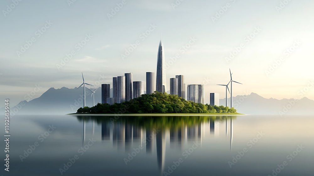 Naklejka premium A coastal city featuring clean beaches and thriving marine life, with offshore wind farms in the distance, representing a balanced coexistence between urbanization and natural ecosystems 
