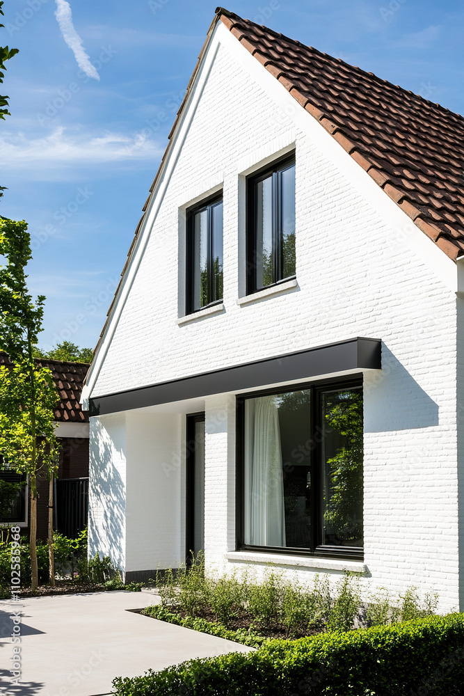 The exterior of the house features white brick walls with black windows, showcasing a Dutch-style architecture. A garden in the front adds a touch of greenery, complementing the minimalistic design. The exterior of the house features white brick walls with black windows, showcasing a Dutch-style architecture. A garden in the front adds a touch of greenery, complementing the minimalistic design.