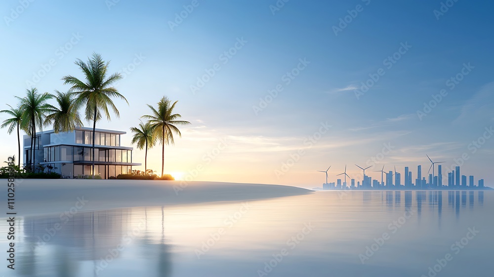 Obraz premium A coastal city featuring clean beaches and thriving marine life, with offshore wind farms in the distance, representing a balanced coexistence between urbanization and natural ecosystems