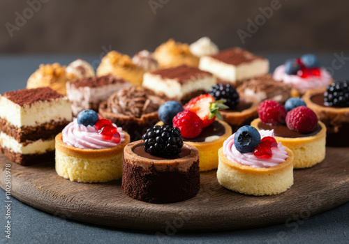 Wallpaper Mural A Delectable Array: A tantalizing assortment of mini cakes and desserts, each meticulously crafted with fresh berries and creamy fillings, sits on a rustic wooden platter. Torontodigital.ca