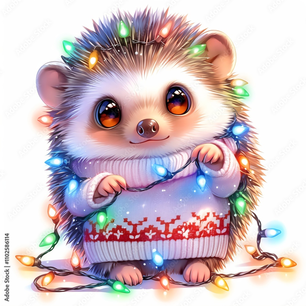 Obraz premium Cute hedgehog with Christmas lights and pink sweater isolated on white background. Christmas and New Year watercolor illustration. Funny animal for greeting card, poster, banner with copy space
