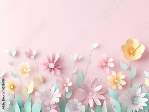 Pastel Paper Flower Meadow on Pink Background - Spring Floral Design