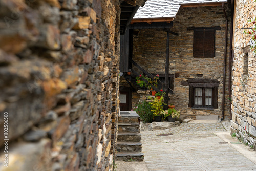Old town of village of Peñalba de Santiago with typical architecture in the Silence Valley in Leon province, Spain.