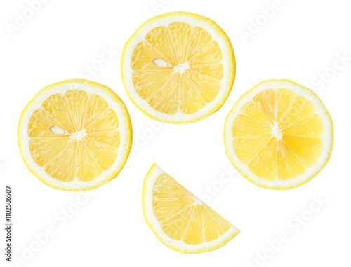 Top view set of fresh yellow lemon fruit in halves and slices or quarter scattering isolated with clipping path in png file format