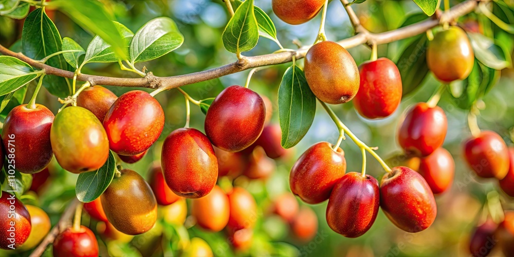 Close-up of ripe Indian jujube hanging on a tree branch, Ziziphus mauritiana, Indian plum, Chinese date, apple, fruit, tree