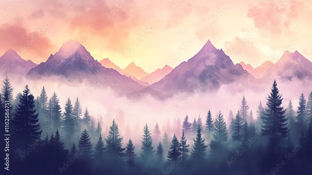 Obraz premium Majestic Mountains Enveloped in Misty Sunrise Glow