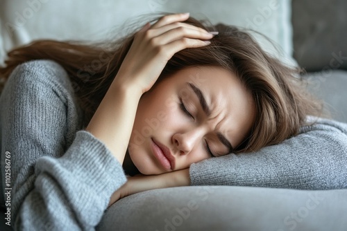 Young woman resting at home, lying on sofa and sleeping relaxed, holding two hands together under head 