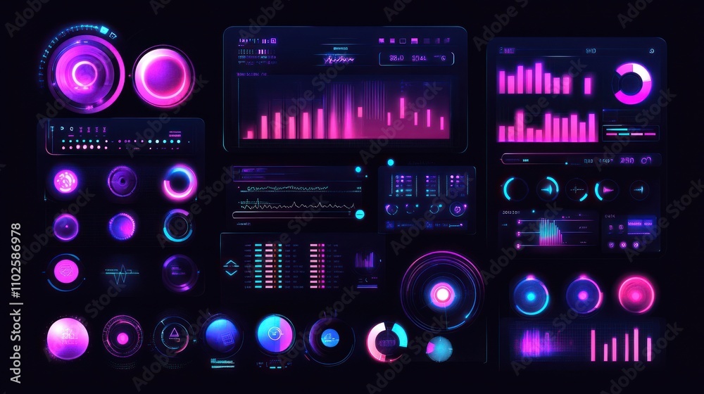 A collection of futuristic, colorful data visualizations and interface elements. A collection of futuristic, colorful data visualizations and interface elements.
