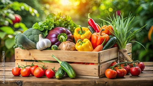 Freshly harvested colorful vegetables in a wooden crate , Farm-fresh, organic, produce, harvest, vibrant, fresh, healthy