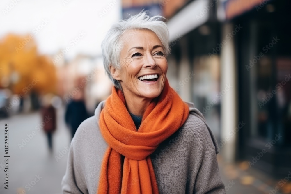 Portrait of a happy senior woman with orange scarf in the city Portrait of a happy senior woman with orange scarf in the city