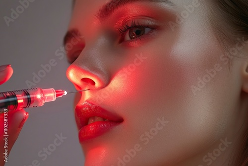 Beautiful woman with smooth skin getting Botox treatment, close up of syringe in hand holding red laser beam on grey background, high quality photo. The image depicts a woman receiving a Botox treatme photo