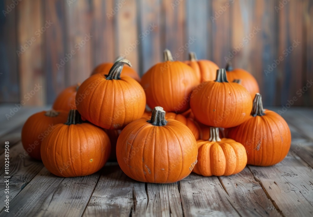 Pile of bright orange pumpkins stacked on a rustic wooden table with a weathered wooden background. Autumn harvest and seasonal decoration concept. Pile of bright orange pumpkins stacked on a rustic wooden table with a weathered wooden background. Autumn harvest and seasonal decoration concept.