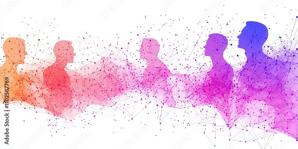 Abstract silhouettes of diverse individuals blend colors and shapes, symbolizing connection, communication, and community. Abstract silhouettes of diverse individuals blend colors and shapes, symbolizing connection, communication, and community.