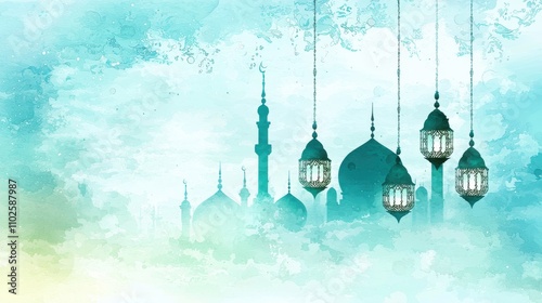 Islamic lanterns and silhouetted mosque scenic background digital artwork tranquil atmosphere