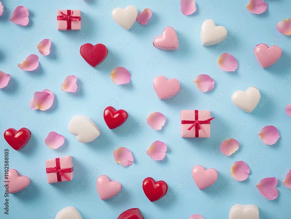 Valentine's Day Flat Lay Pink and Red Hearts, Gifts, and Rose Petals on Light Blue Background Valentine's Day Flat Lay Pink and Red Hearts, Gifts, and Rose Petals on Light Blue Background