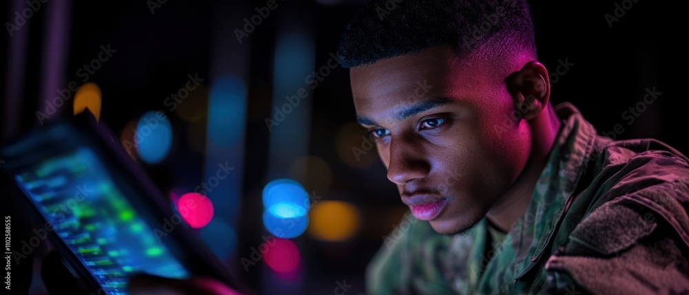 A focused young man in military attire interacts with a digital device in a vibrant setting. A focused young man in military attire interacts with a digital device in a vibrant setting.