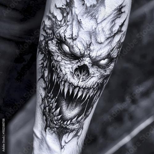 Intricate black and gray tattoo showcasing a fierce skull design with sharp teeth and swirling details on the forearm photo