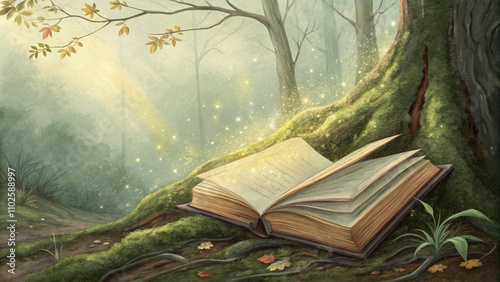 art drawing Enchanted Book Resting Beneath Majestic Ancient Tree in Enchanted Forest fantasy reading concept magic worlds background. Generated AI