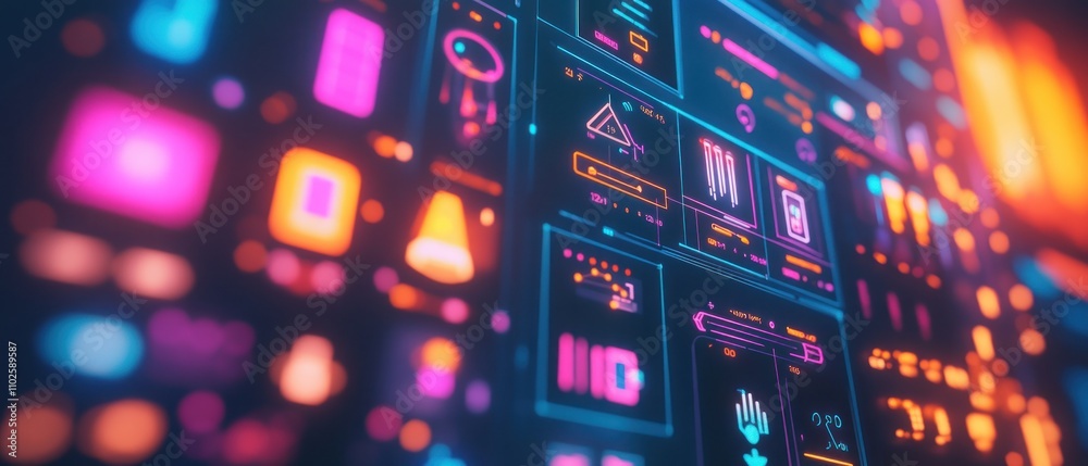 A vibrant digital interface showcasing futuristic icons and data visualizations.