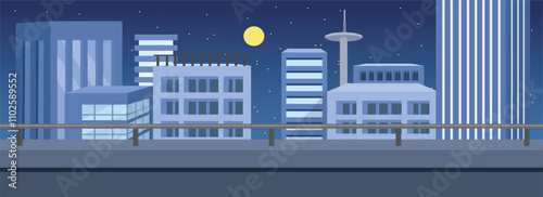 Beautiful city building at night. Skyscraper in the midnight. Modern building. Real estate. City tower. Night skyscraper. Moonlight. Apartment. Night town. 