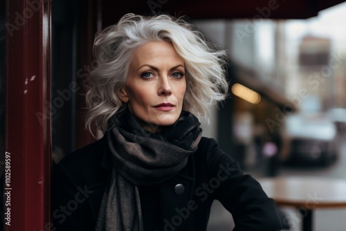 Outdoor portrait of beautiful mature woman in black coat and scarf.