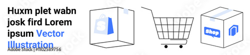 Shopping cart and shipping boxes with retail store logos. Ideal for e-commerce, online shopping, delivery services, retail stores, shipping businesses, e-business platforms, marketing materials