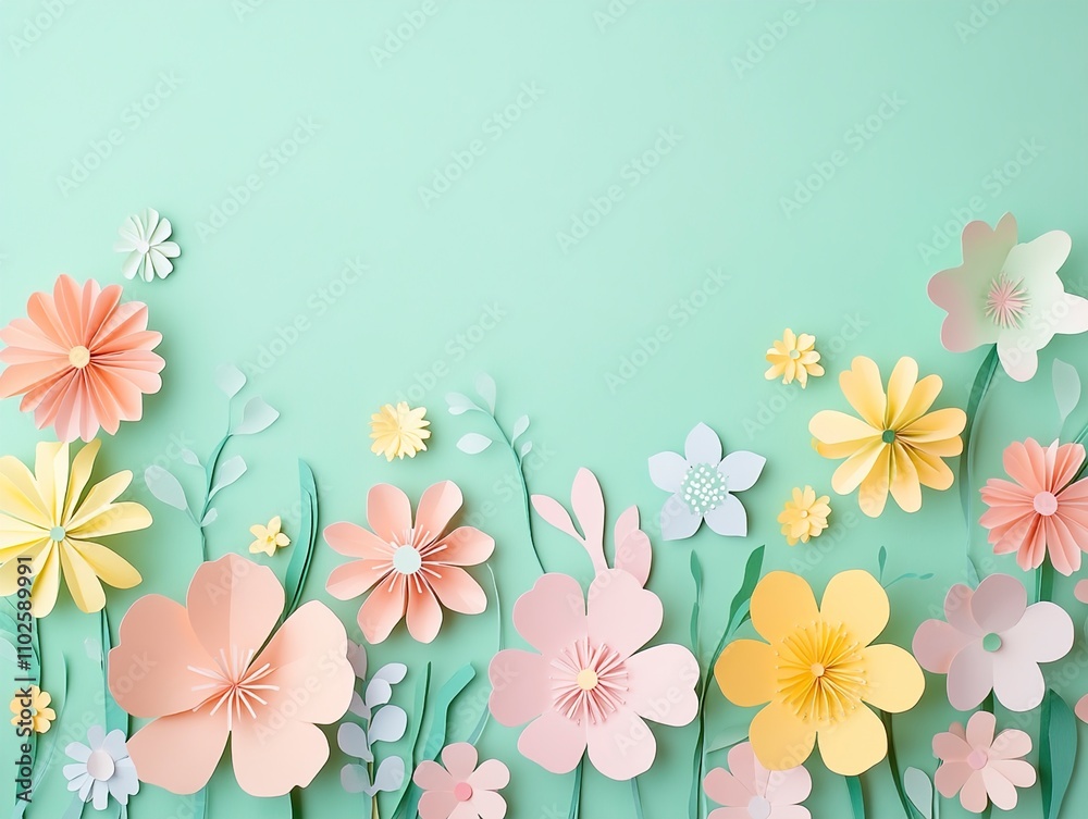 Pastel Paper Flower Meadow on Mint Green Background - Spring Floral Design Pastel Paper Flower Meadow on Mint Green Background - Spring Floral Design