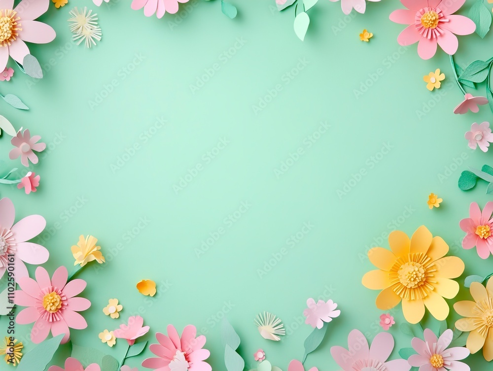 Pastel Paper Flower Frame on Mint Green Background Pastel Paper Flower Frame on Mint Green Background