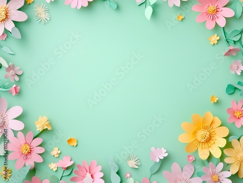 Pastel Paper Flower Frame on Mint Green Background