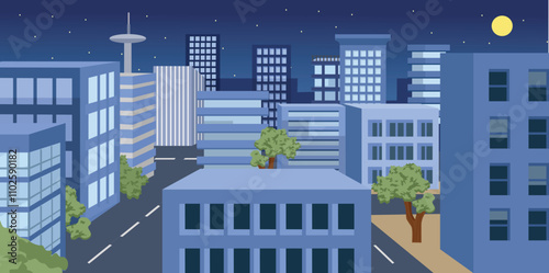 Night town. Night building. Office building in the midnight. Public infrastructure. City park at midnight. Night street. Street night view. Skyscraper in the evening.