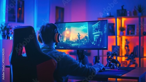 Gamer playing video game at night with neon lights in a gaming room