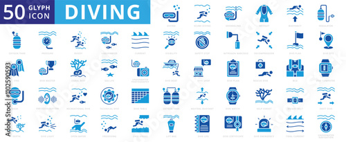 Diving icon set of shop, decompression, table, light, certificate, flag, mask, boat, underwater, snorkeling, coral reef, scuba, log, sea life, pressure, wetsuit, underwater photography, emergency, fin