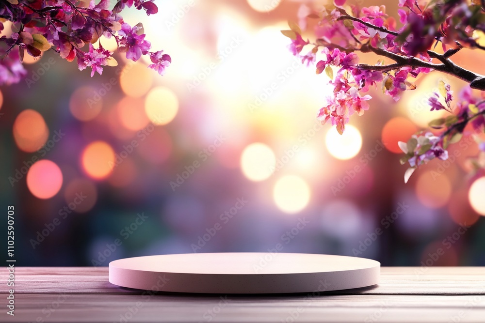 A serene display platform surrounded by blooming flowers and soft bokeh. A serene display platform surrounded by blooming flowers and soft bokeh.