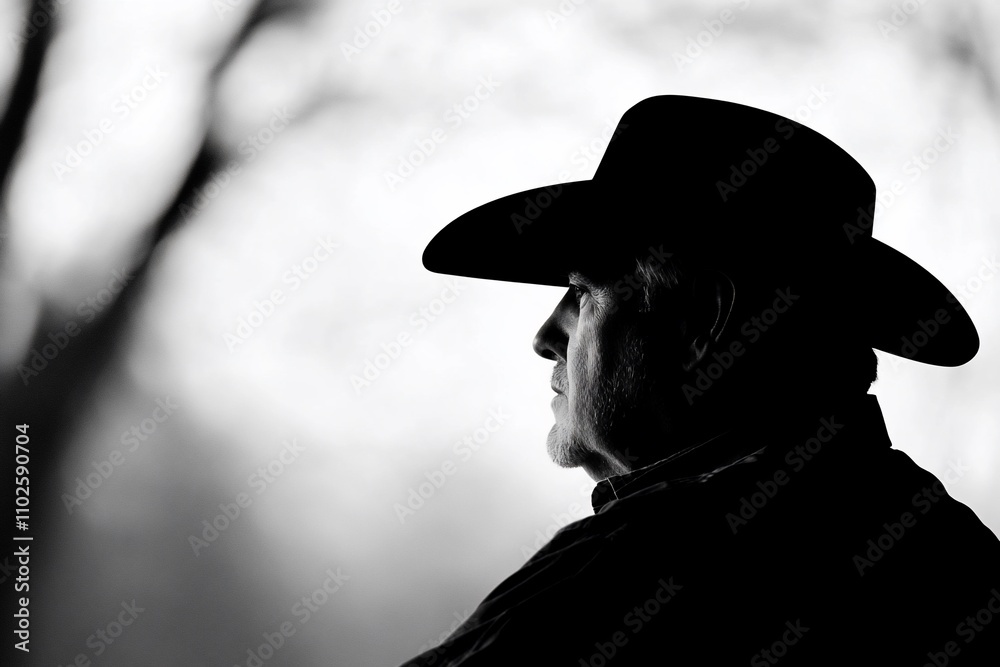 Silhouette of a man in a cowboy hat against a blurred background. Silhouette of a man in a cowboy hat against a blurred background.