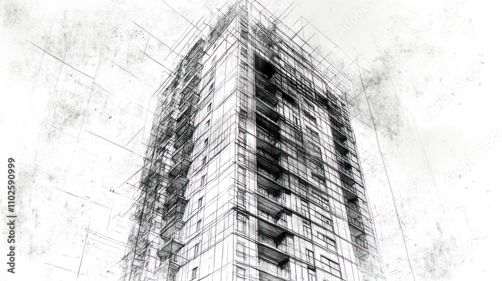 A sketched architectural design of a high-rise building under construction. A sketched architectural design of a high-rise building under construction.