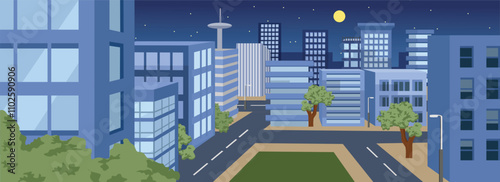 Metropolitan district with green area in the night. Building area at night. Financial district. Business district. Night skyscraper. Night skyline. Cityscape land building. Cityscape at night. 