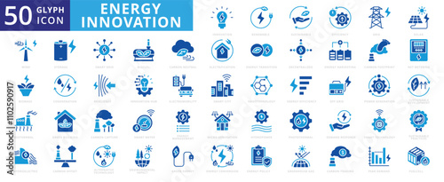 Energy innovation icon set of cogeneration, solar, management, electricity, wind, storage, harvesting, sustainable, renewable, nanotechnology, hydroelectric, biomass, efficiency, power generation