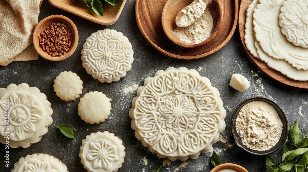 Decorative Mooncakes and Ingredients for Traditional Festivities Decorative Mooncakes and Ingredients for Traditional Festivities