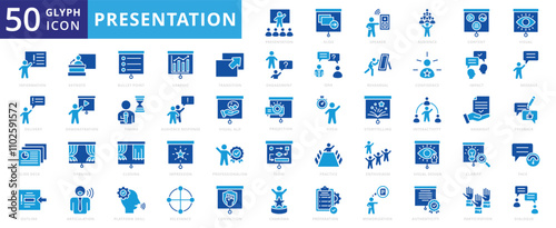 Presentation icon set of pitch, speaker, meeting, question, feedback, projection, confidence, impact, dialogue, articulation, storytelling, enthusiasm, charisma, alert, answer, audience, engagement