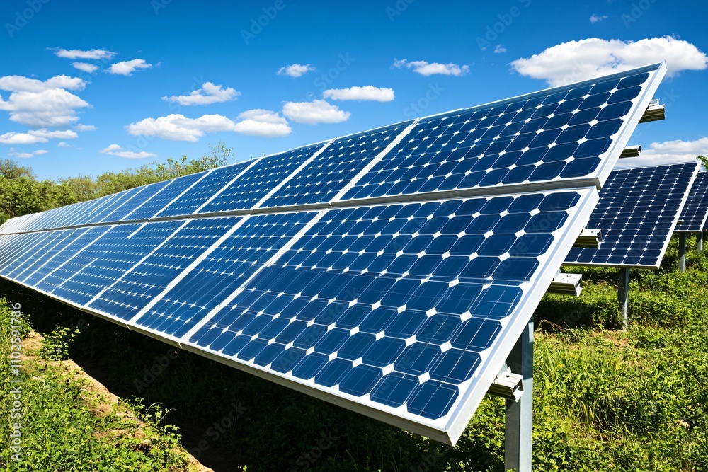 Solar Panels Under Bright Blue Sky at Renewable Energy Farm Solar Panels Under Bright Blue Sky at Renewable Energy Farm