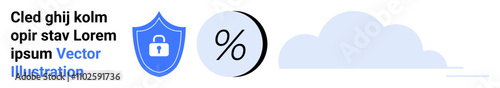 Blue shield with a lock symbol, a percent icon, and a cloud. Ideal for security services, data protection, finance, cloud storage, insurance, online privacy, and IT services. Landing page