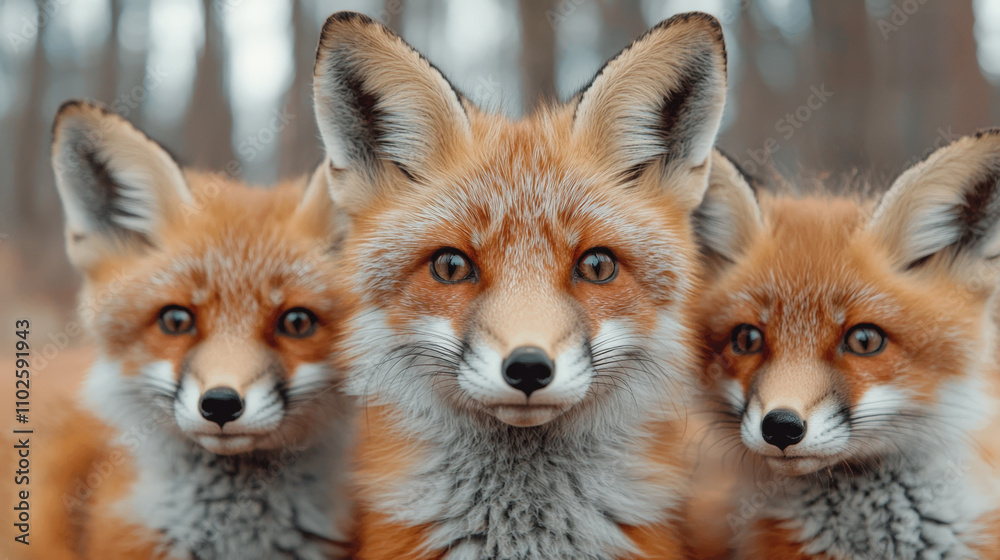 Fototapeta premium Three curious red foxes in natural forest setting