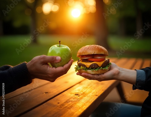 Apple and cheeseburger, gourmet and vegetarian food.