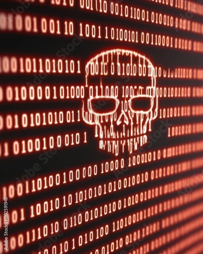 A digital skull made of binary code, symbolizing hacking or cyber threats in a tech context.