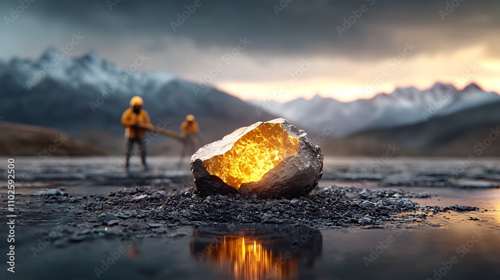 An artistic representation of a rare earth element being extracted from the ground, highlighting the contrast between the rugged terrain and the shiny, metallic surface of the element. Workers 
