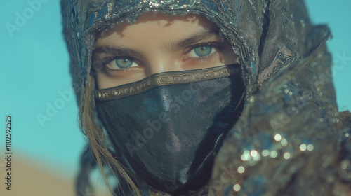 Mysterious eyes: captivating gaze of a veiled woman in desert attire photo