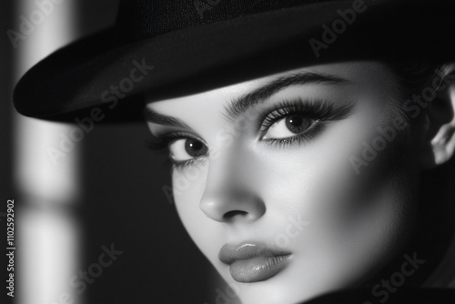 A striking black-and-white portrait of a woman in a hat.